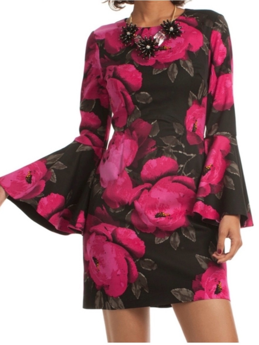 TRINA TURK |  Hot Pink & Black | Floral Bell-Sleeve Dress | Size 14